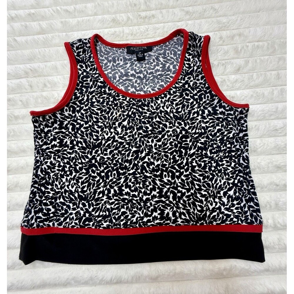 Perceptions Petite 6P Black White Floral Tank Top Scoop Neck Sleeveless Red Trim